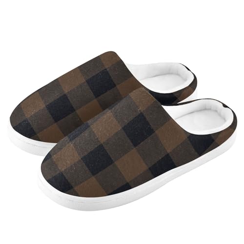 JUNZAN Brown Black Gingham Buffalo Plaid Women Home Cotton Slippers Breathable Memory Foam Travel Slippers for Indoor Christmas Presents 6-74