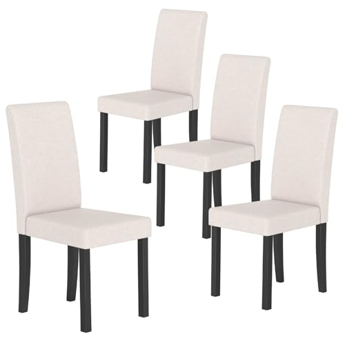 Image of COSTWAY Fabric Armless Dining Chairs Set of 4, Upholstered Kitchen Side Chair w /Rubber Wood Legs, Padded Seat & High Backrest, Mid-Century Modern Accent Chairs for Living Room Restaurant (Beige)
