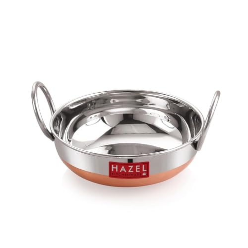 Image of HAZEL Stainless Steel Copper Bottom Kadhai with Glossy Finish, 1000 ml | Heavy Duty Steel Cooking Vessel | Deep Frying Pan Utensil for Kitchen