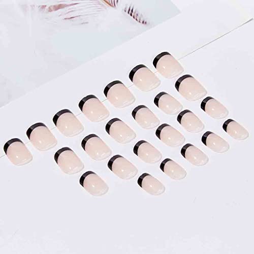 Foccna French Fake Nails Tips Square Press On Nails Short Nude Women's Black False Nails Daily Wear Artificail Nails For Nail Art Manicure Decoration (Black) #TOP2