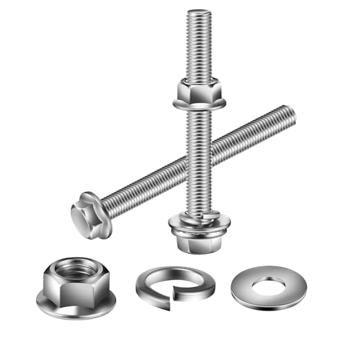 M6 x 35mm Flanged Hex Head Bolts, Nuts, Flat &amp; Lock Washers, 20Pcs 18-8 (304) Stainless Steel, Fully Threaded, by SG TZH