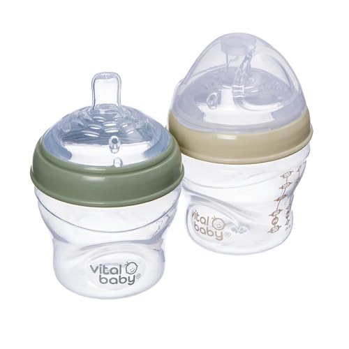 Vital Baby Nurture Breast-Like 0m+ Baby Feeding Bottles, 150ml 2pk, Self-Sterilising in 3 Mins, Triple Anti-Colic Valves, Slow Flow Teats, EarthSmart Biodegradable, BPA-Free