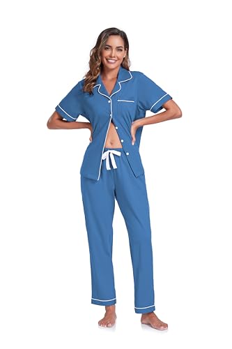Image of COLORFULLEAF Women's 100% Cotton Pajamas Set Button Down Sleepwear Short Sleeve Shirt and Long Pants Soft Ladies Lounge Sets