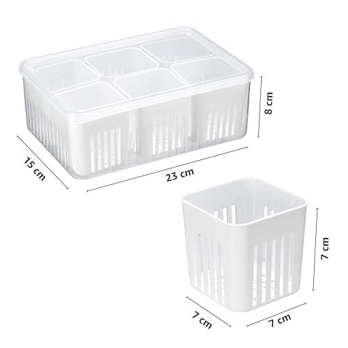 Image of Amazon Brand - Solimo Plastic Fridge Containers Set | 6-Grid Airtight Refrigerator Storage Boxes with Lids | Freezer & Kitchen Organizer (Pack of 2, White)
