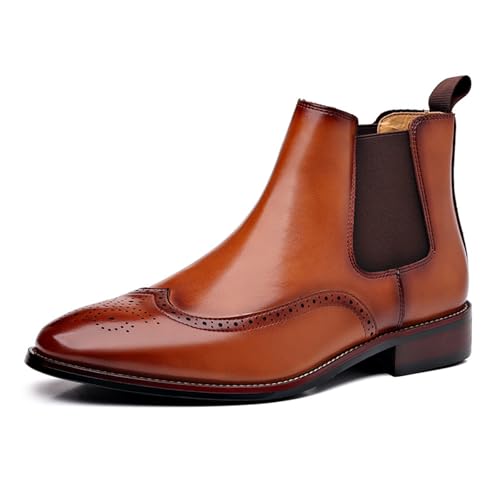 Men's Leather Wingtip Carving Dress Oxford Boots Fashion British Style Pointed Toe Elastic Band Slip On Chelsea Boots Casual Business Formal Ankle Boots