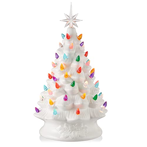 Casafield Hand Painted Ceramic Christmas Tree, White 15-Inch Pre-Lit Tree with 128 Multi Color...