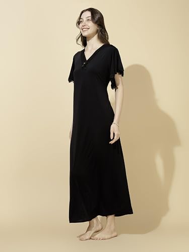 Image of 9shines Label Stylish Soft Modal Maxi Nighty | Honeymoon Nighty | Full Length Trendy Nightgown | V-Neck Lace | Premium Nightdress | Soft Long Nightdress | Maxi Gown Nightwear for Women (Malai Satin)