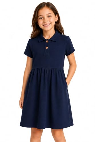 HILEELANG Girls Polo Dress with Pockets Navy Cotton Blend Pique School Uniform Dress for Kids 4-13 Years