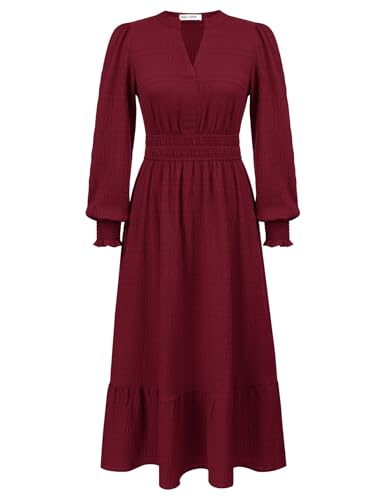 GRACE KARIN Damen Maxikleid Elegant Henley V-Ausschnitt Elastische Taille A-Linie Langarm Kleid Weinrot S