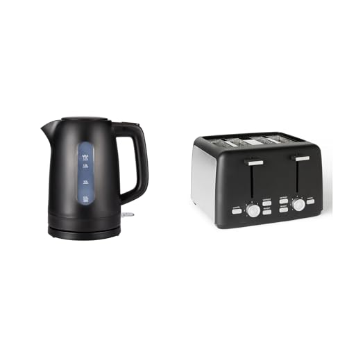 Amazon Basics Electric Kettle 1.7L + 4 SliceToaster with Extra Wide Slots, Matte Black