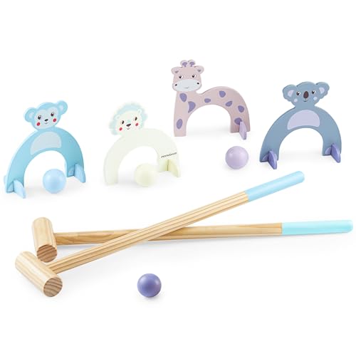 Mamabrum Juego de Croquet Madera con Diseño Animales - Set Completo con 2 Palos 45 cm, 4 Pelotas, 4 Porterías y 6 Soportes - Juego Familiar para Exterior y Jardín