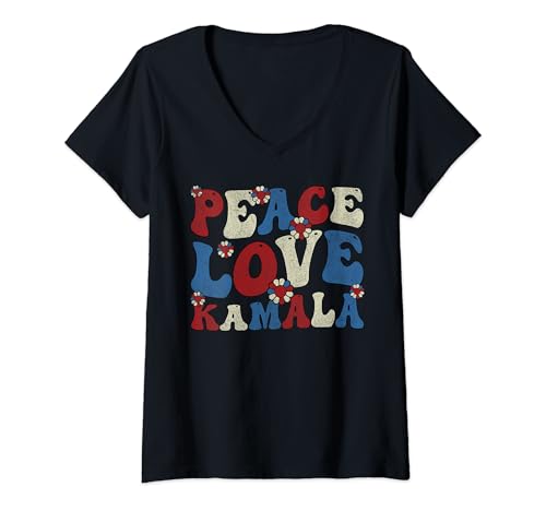 Mujer Groovy Peace Love Kamala, Harris para presidente 2024 Camiseta Cuello V