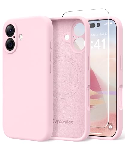 Image of Magnetic for iPhone 16 Case, Compatible with MagSafe, [Screen Protector + Full Camera Protection], Silicone Shockproof Anti-Scratch Protective Phone Case for iPhone 16 6.1 inch, Chalk Pink