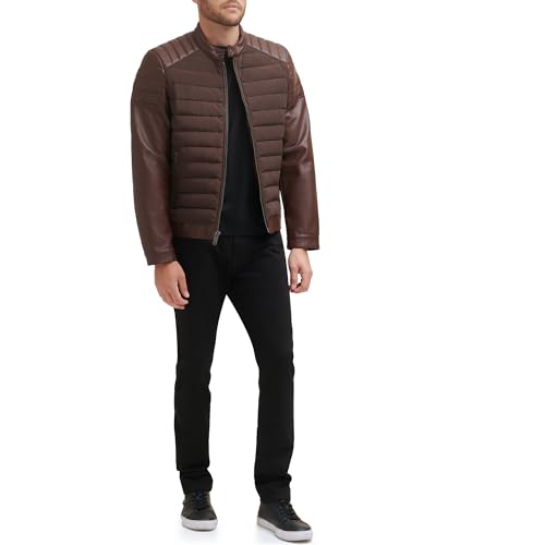 Image of DKNY Men's Mixed Media Faux Leather Puffer Motocross Racer Jacket