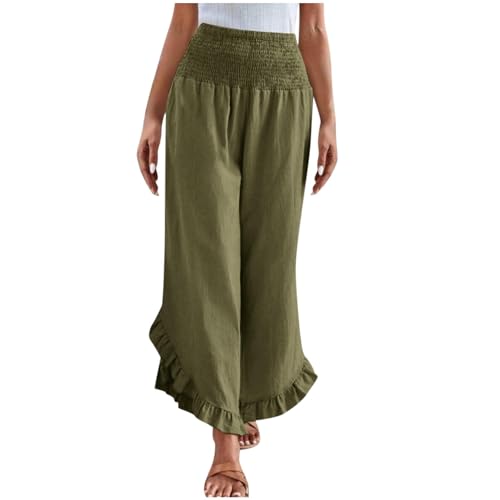 Pantalones Mujer Verano Rebajas Largos Frescos Lino de Algodón Cintura Alta Pierna Ancha Baggy Suelto Pantalón Largo de Volantes Ligeros Pantalón de Chándal Suave y Cómodo Moderno Pants Original