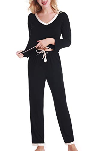 Aoymay Women Sleepwear Sets Petite Pajamas Lounge Pant Long Sleeve Top (Black X-Small)