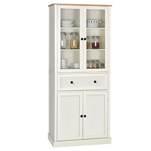 VEIKOUS 72" Pantry Buffet Freestanding Kitchen Cupboard Storage Cabinet with 2 Adjustable Shelves, One Drawer and Glass Door, Off-White