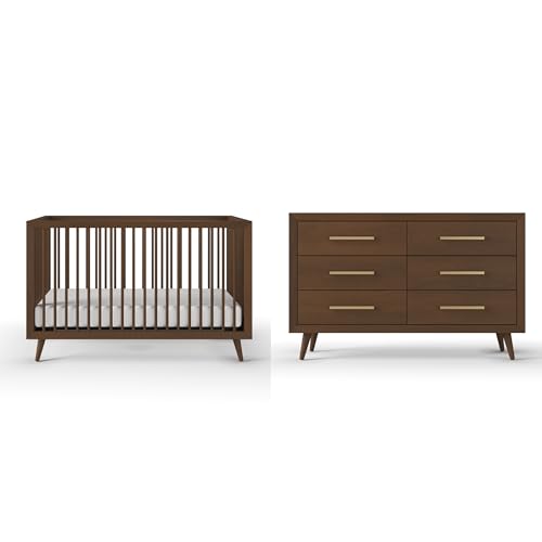 Child Craft Cranbrook Design 4-in-1 Convertible Baby Crib Nursery Furniture Set Baby Bed and 6 Drawers Double Dresser for Babies Toddlers and Kids Bedroom (2 Piece - Toasted Chestnut)