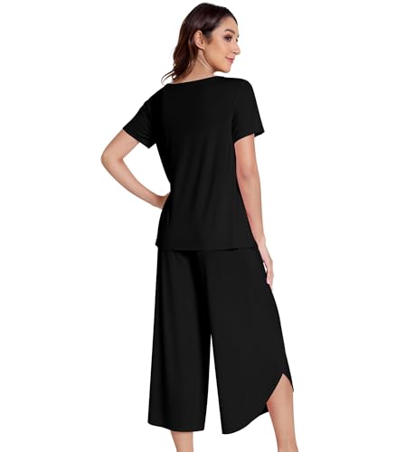 Image of NACHILA Pajamas Set for Women Short Sleeve Sleepwear with Capri Pants Cool Pjs Soft Loungewear,Viscose Made from Bamboo