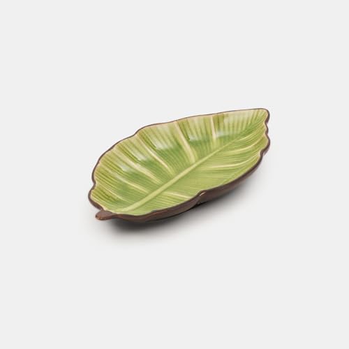 Image of Pure Home Light Green Ribbed Ceramic Leaf Platter | Premium Decorative Platters for Dining & Table Decor | Table Top Serving & Dining Decor | Ideal for Diwali & Wedding | Premium Home Decor | Pack of 1