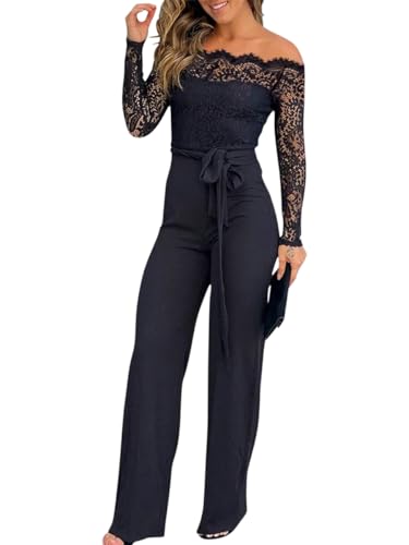 shownicer Combinaison Femmes Manches Longues Épaules Dénudées Romper Dentelle Jumpsuit Avec Ceinture A Noir M