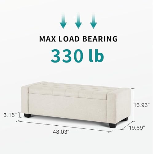 48" Ottoman with Storage, Storage Ottoman Bench with Safety Hinge, Upholstered Entryway Bench with Seating for Bedroom, Living Room, Holds up to 330 lb, Beige