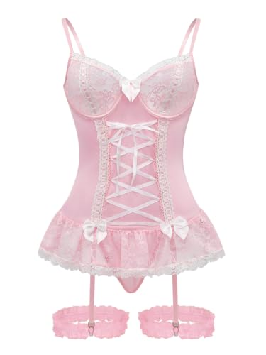 Image of Foxiny Sexy Mesh Corset Ruffle Lace Up Underwire Sheer Garter Belt Babydoll Lingerie Set With Thong 3 Piece Women