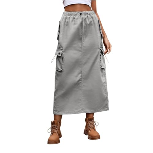 WxuuLTGJR Falda Vaquera Larga Cargo con Cordón en la Cintura, Estilo Midi de Moda, Ropa de Calle con Bolsillo