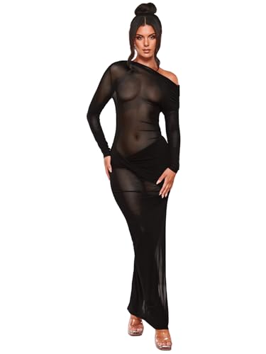 Floerns Women's Asymmetrical Neck Sheer Mesh Long Sleeve Evening Bodycon Maxi Dress