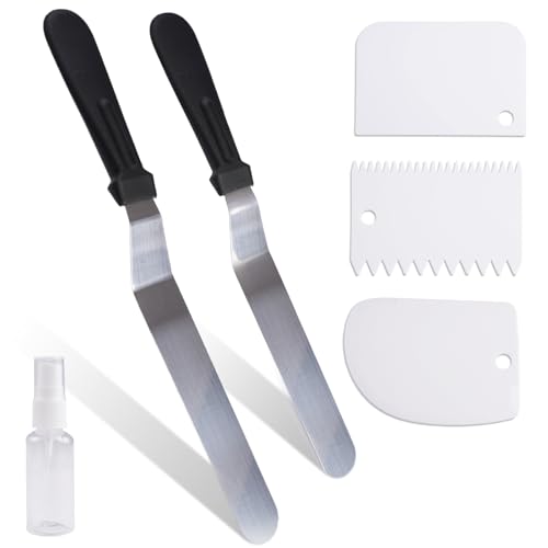 2 Espátulas de Acero Inoxidable y 3 Espátulas de Plástico Calidad Alimentaria para Repostería Diferentes Diseños Set Profesional para Decorar Tartas, Cupcakes y Postres para Reposteros y Panaderos