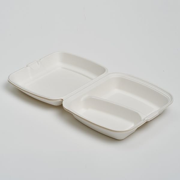 Clamshell Take Out Food Container 300 Pack, 9X8 2-compartment Compostable Food Container, Disposable To Go Boxes, Made From Eco-Friendly Biodegradable