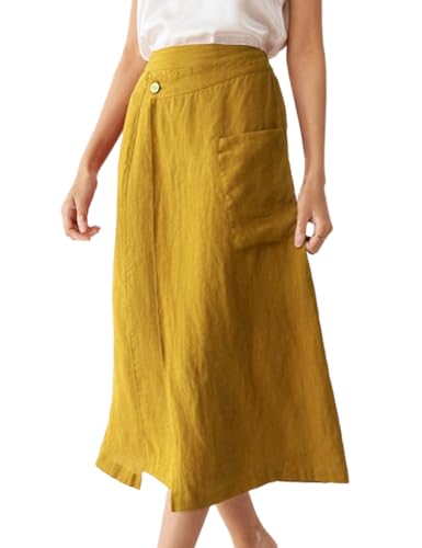 IDEALSANXUN Linen Skirts for Women Summer Casual Cotton A Line Elastic High Waisted Midi Skirts with Pockets3