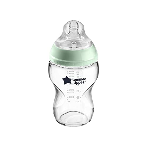 Tommee Tippee Biberon Naissance en Verre Closer to Nature, Valve Anti-Colique, Tétine Souple, Lot de 1, 250ml, Transparent
