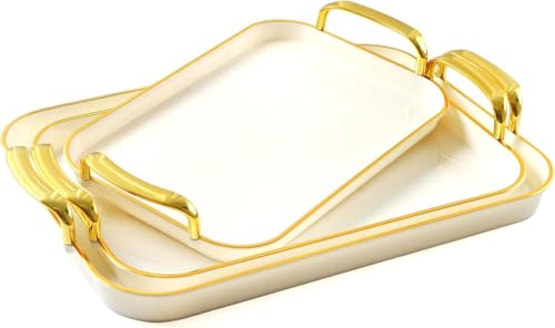 Serving Trays with Handles Large Rectangular Dinner Platters 16.5/14.9/13.2 Inch Durable White Plates with Cream Gold Accent Ideal for Parties Entertaining Everyday Use (3pcs Color Box)