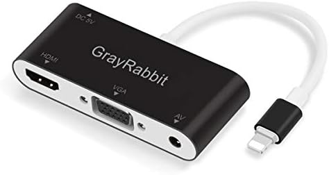 HDMI VGA AV Adapter Conventor,GrayRabbit Video Audio Adapter for iPhone to HDMI VGA Converter and Plus Series iPad iPod to HDTV Projector Monitor (Black)