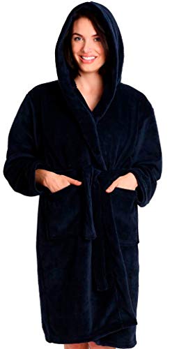 Pembrook Ladies Robe with Hood - Soft Fleece  Navy - Size L/XL  Spa Bathrobe Women Girls