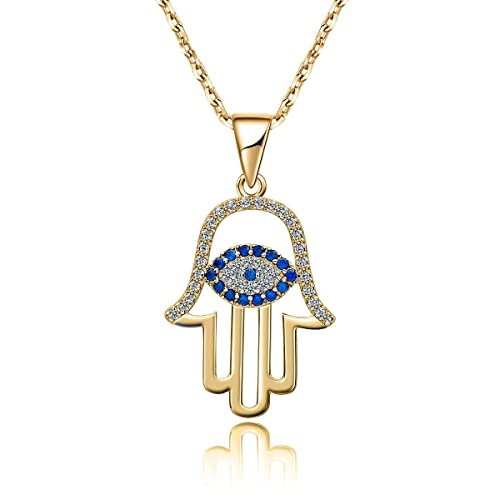 SLOONG 925 Sterling Silver Evil Eye Hamsa Hand Necklace 14k Gold Plated Third Eye White Blue Cz Womens Pendant Dainty Necklace for Women Girlfriend Mom, Metal, Cubic Zirconia