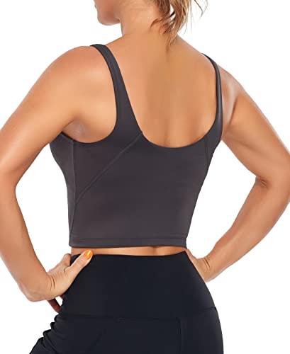 Image of Oalka Sports Bra Womens Longline Padded Crop Yoga Tank Tops | Built in Bras, Workout, Athletic, Fitness, Super Soft, Comfort, Cropped Top, Removable Pads, Heart Neckline For Women