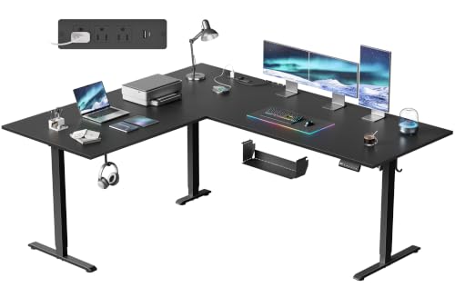 Image of 63x55 Inch L Shaped Electric Standing Desk, Corner Workstation, Black | 3 AC outlets, 2 USB ports, cable tray, cord clips, 3 memory presets, anti-collision and 176 lb capacity for home office.
