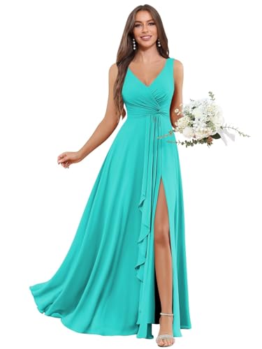 Image of BOLENSYE Bridesmaid Dresses Long Ruched Ruffles Chiffon A Line Evening Party Gown with Pockets Slit