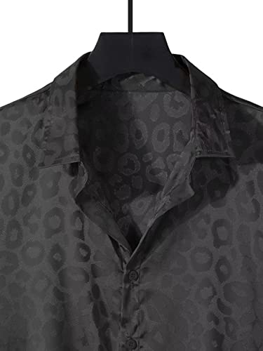 Men's Satin Leopard Print Short Sleeve Button Down Lapel Collar Silk Shirts Top3