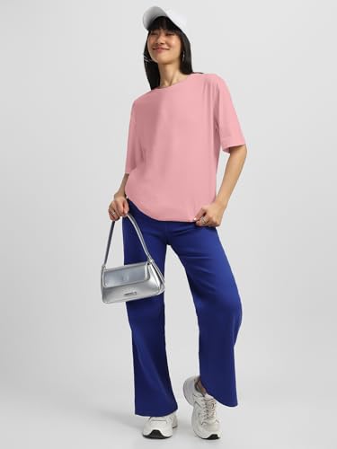 Image of JUNEBERRY Pure Cotton Oversized Baggy Fit Half Sleeve Drop Shoulder Plain Solid Round Neck T-Shirt for Women (Available in Black, White, Lilac, Cork, Maroon, Royal Blue, Swan White, Soap Nut Colors)