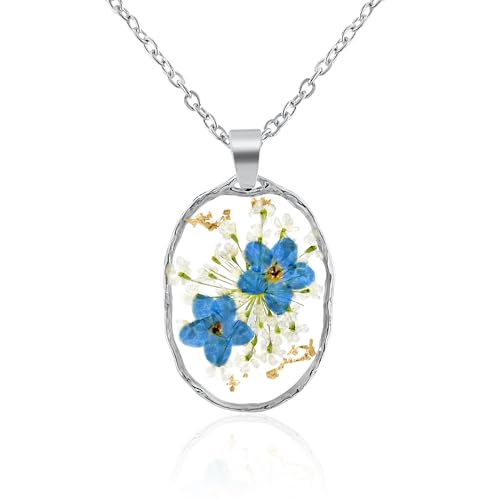MesPetaline Silver-Plated Flower Necklace, Pendant with Pressed Flowers, Forget Me