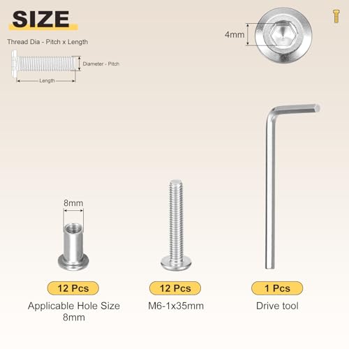 Image of METALLIXITY Furniture Crib Screws Replacement Set with Wrench(M6-1x35mm) 12Pcs, Connector Bolts M6 Screw Barrel Nuts Binding Screws, for Chair Cabinet Bed, Silver