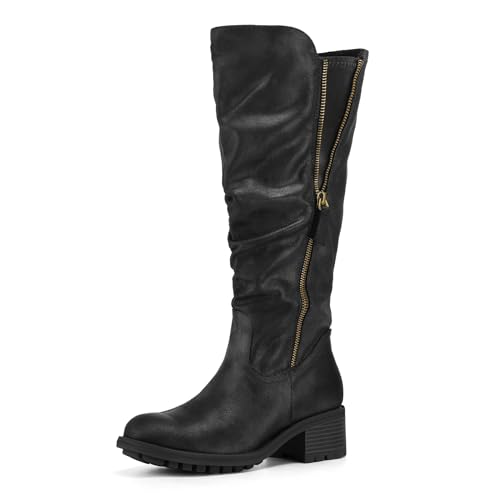 mysoft Women's Knee High Boots Side Zipper Lug Sole 2 Inch Stacked Chunky Heel Boots