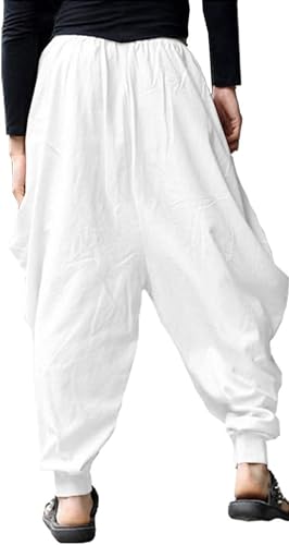 perdontoo Mens Casual Harem Pants Cotton Boho Yoga Hippie Aladdin Summer Beach Drop Crotch Trouser (34, White)3