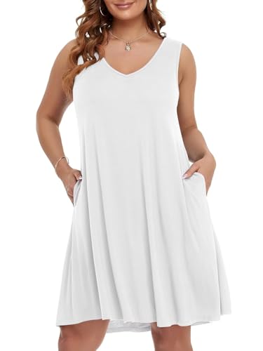 Image of BELAROI Women Casual Summer Beach Dresses Plus Size Sundress V Neck Pockets Swing Tank Dress Cover Ups