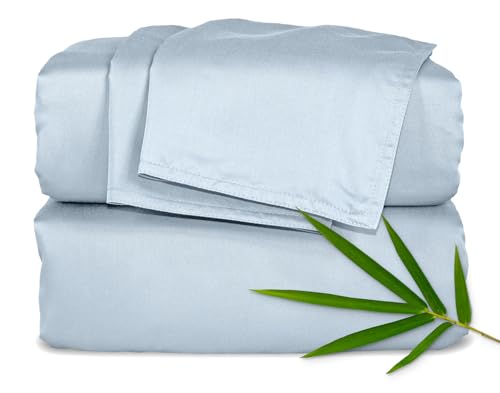 Image of Pure Bamboo Split King Sheets, Genuine 100% Organic Viscose Derived from Bamboo Bed Sheet Set, Soft & Cooling, Double Stitching, 2 Fitted Sheets (Split King, Glacier)