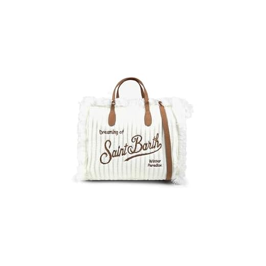 Saint Barth MC2 Borsa Colette in Lana a Coste Bianca con Ricamo Marrone Dimensioni: 30 x 22 x 15 cm