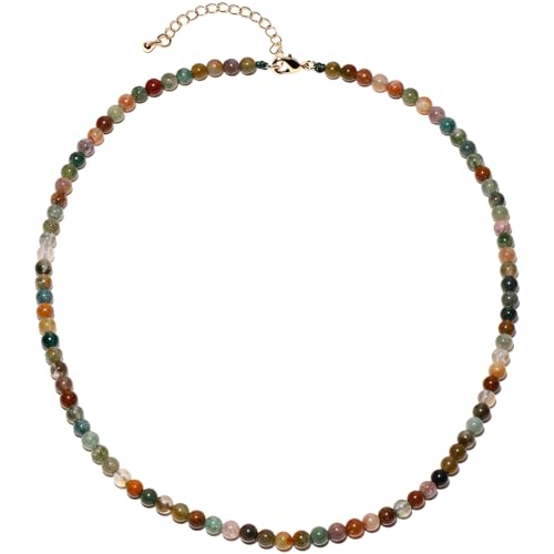 Lightock Simple 4mm Gemstones and Crystals Beaded Necklace Adjustable Choker Necklaces for Women Gifts (Indian Agate)
